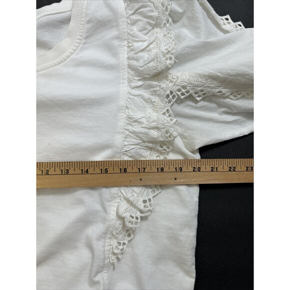 By Anthropologie Ruffle-Sleeve Sweatshirt Top Medium White Eyelet Lace - Picture 6 of 8